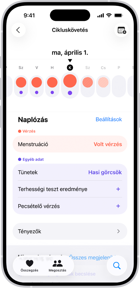 A Cikluskövetés képernyő, amelynek tetején egy adott hét idővonala látható. Egyszínű piros körök és lila pontok jelzik az első 5 napot az idővonalon. Az idővonal alatt lévő opciókkal információkat adhat meg a menstruációról, a tünetekről stb.