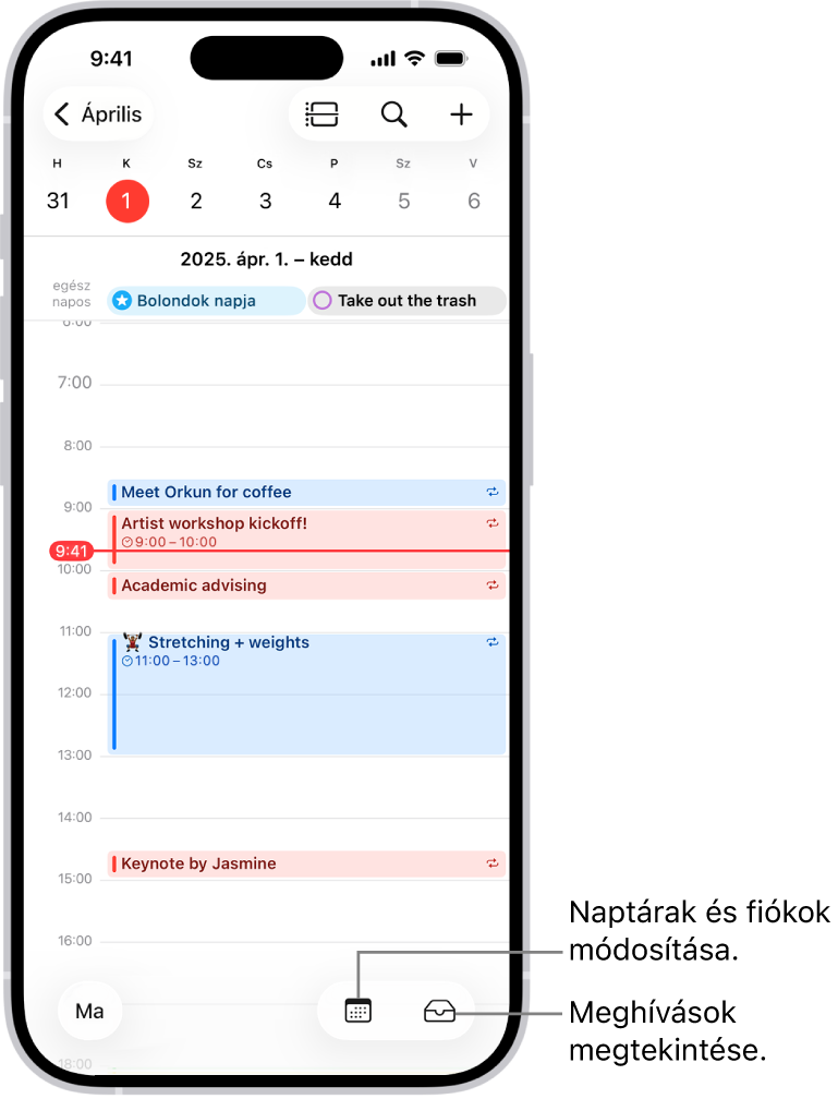 Egy napi nézetben megjelenített naptár az adott nap eseményeivel. A Naptárak gomb alul középen, a Bejövő gomb pedig a jobb alul jobbra található a képernyőn.