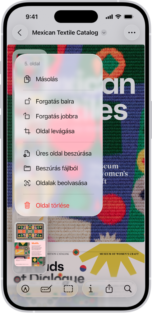 Egy PDF-katalógus bélyegképekkel a bal oldalon. Az utolsó bélyegkép ki van jelölve, és fölötte egy menü található a Másolás, Forgatás balra, Forgatás jobbra, Oldal levágása, Üres oldal beszúrása, Beszúrás fájlból, Oldalak beolvasása és az Oldal törlése opciókkal.