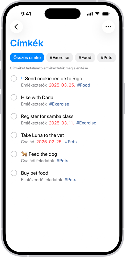 A Emlékeztetők appban a címkézett emlékeztetők listája. A képernyő tetején lévő gombok további címkéket jelenítenek meg, amelyek tetszés szerint alkalmazhatók.