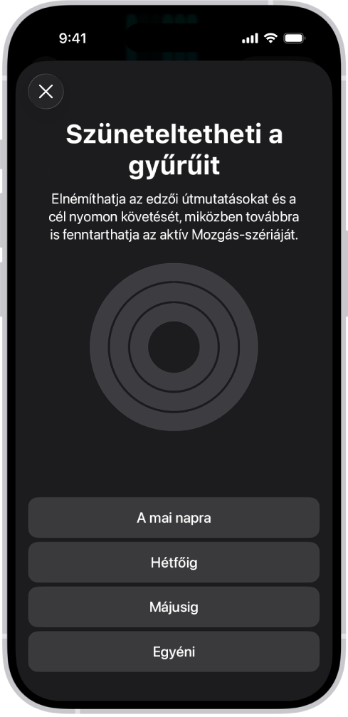 A Fitnesz Gyűrűk szüneteltetése képernyője, amelyen a Tevékenységgyűrűk szüneteltetésének beállításai láthatók.