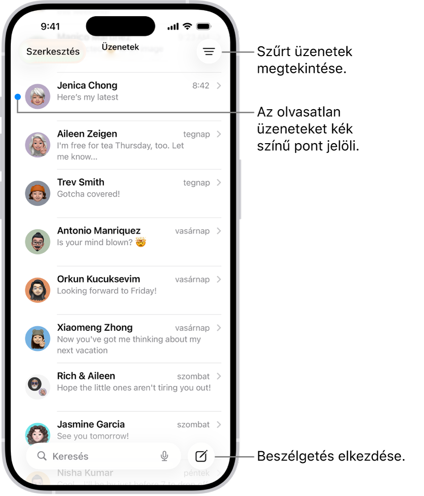 Az Üzenetekben folytatott beszélgetések listája, a jobb alsó sarokban az Írás gombbal. Az üzenetek bal oldalán lévő kék pont azt jelzi, hogy az adott üzenet olvasatlan.