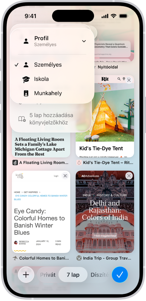 Egy iPhone képernyője az aktuálisan megnyitott lapokkal és a Személyes, Iskolai és Munkahelyi profilok menüjével. A Személyes profil van kijelölve.