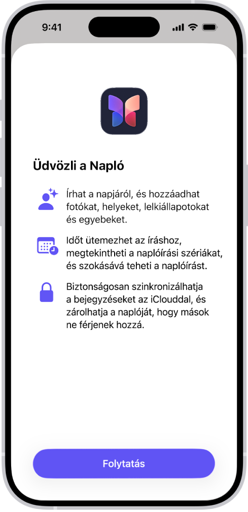 A Napló app üdvözlő képernyője.