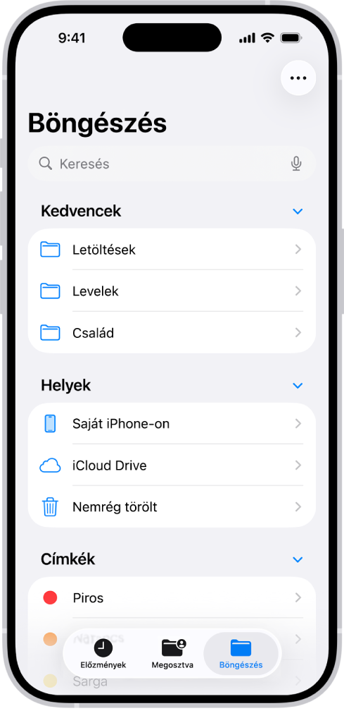 A Fájlok app, amelyben többféle mappa és helyzet található (pl. Letöltések, Levelek, Család stb.). A képernyő alján az Előzmények, a Megosztott fájlok és a Böngészés lap gombjai láthatók.