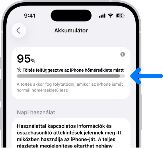 A töltési információk kártya az iPhone Akkumulátor beállításaiban. A kártyán a 95%-os töltöttségi szint mellett a következő üzenet látható „Töltés felfüggesztve az iPhone hőmérséklete miatt”. Az alább található jegyzet szerint a töltés folytatódni fog, amikor az iPhone ismét normál hőmérsékletű lesz.