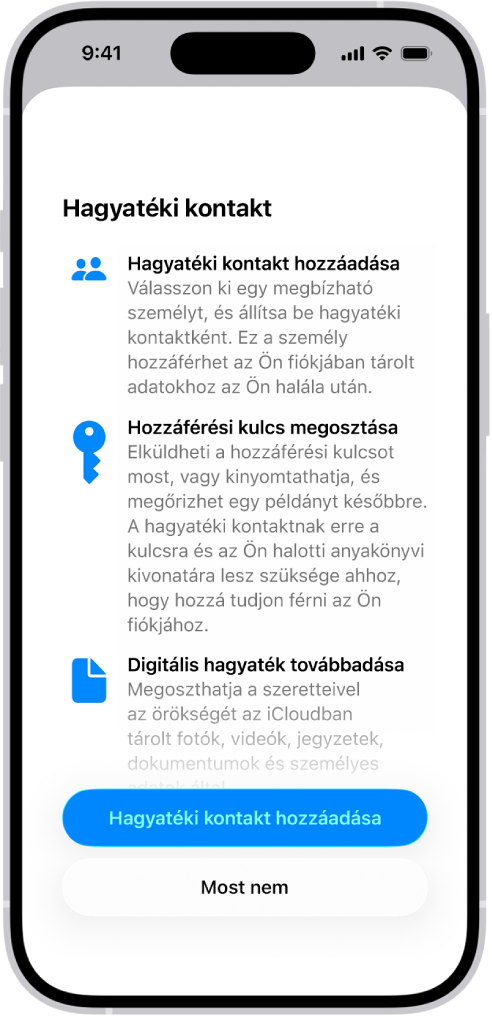 A Helyreállítási kontakt hozzáadása képernyő, amelyen a helyreállítási kontaktként kiválasztható javasolt kontaktok láthatók, továbbá egy olyan opció, amellyel másik személyt lehet választani.
