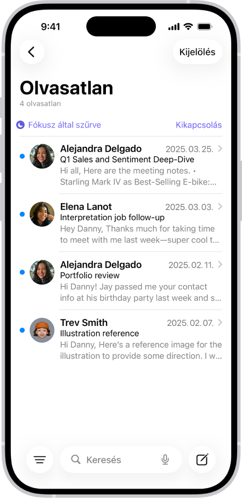 A Bejövő postafiók az üzenetek listájával. Az üzenetek listája fölött a Fókusz által szűrve címke jelenik meg, ami mellett jobbra a Kikapcsolás felirat látható.