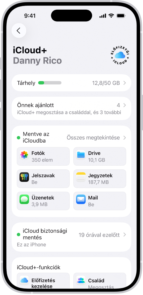Az iCloud beállításainak képernyője, amelyen az iCloud-tárhely foglaltsága, illetve az appok és a funkciók listája látható.