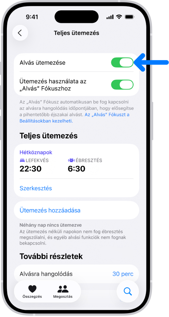 Az Egészségben a Teljes ütemezés alvási képernyő tetején az Alvási ütemezés be van kapcsolva.