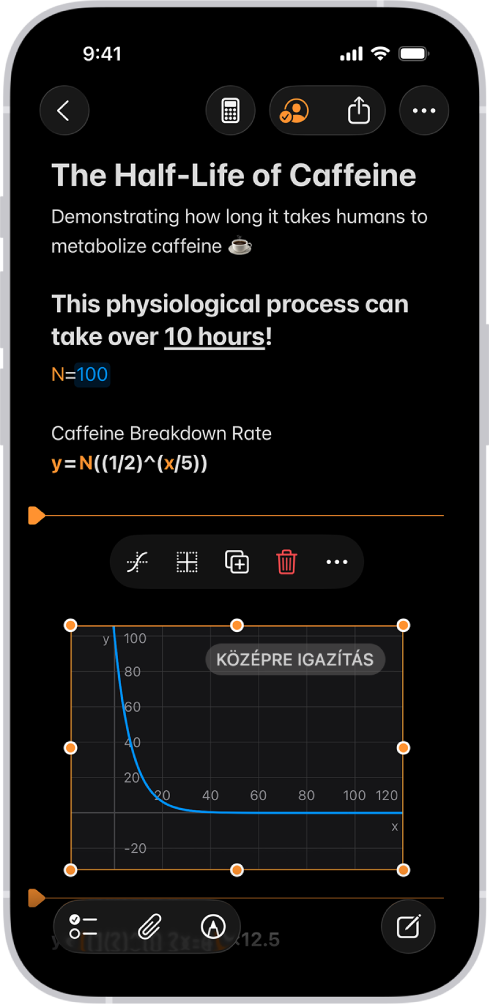 Egy matematikai jegyzet a Számológép appban egy deklarált változóval, egy egyenlettel és egy grafikonnal.