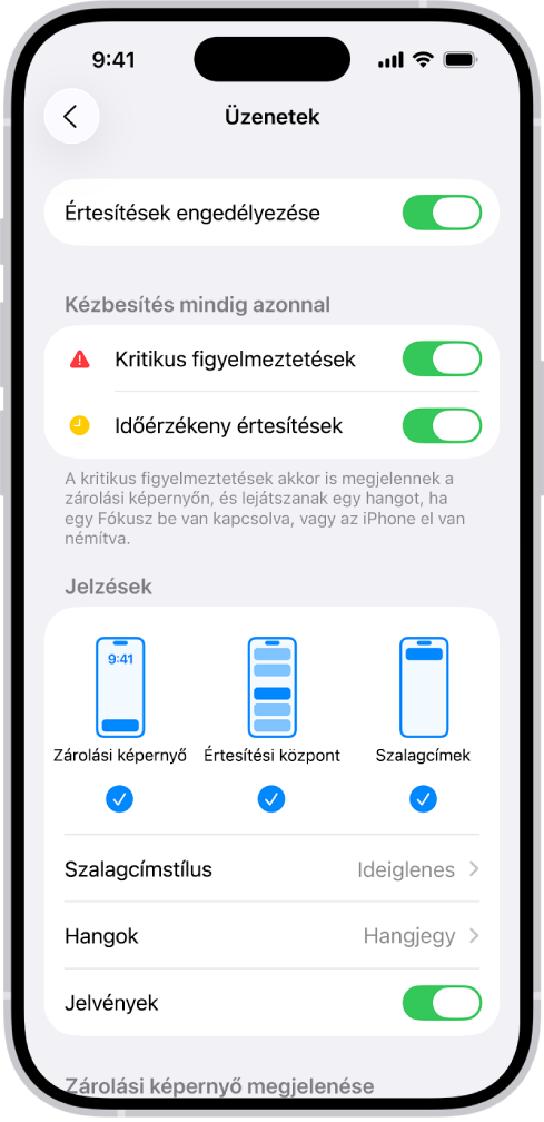 Az Üzenetek értesítéseinek beállításai a Beállításokban