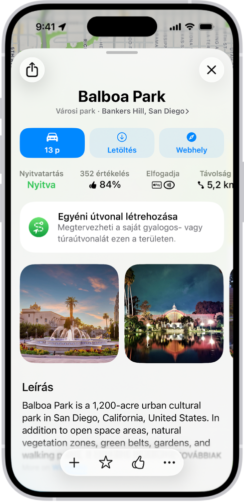 Egy múzeum helykártyáján a nyitvatartása, egy leírás, fotók, valamint a híváshoz, a webhelyének felkereséséhez vagy jegyek vásárlásához használható gombok láthatók.