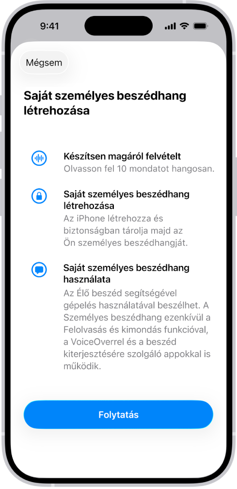 Egy iPhone, amelyen információk láthatók arról, hogyan hozhat létre személyes beszédhangot.