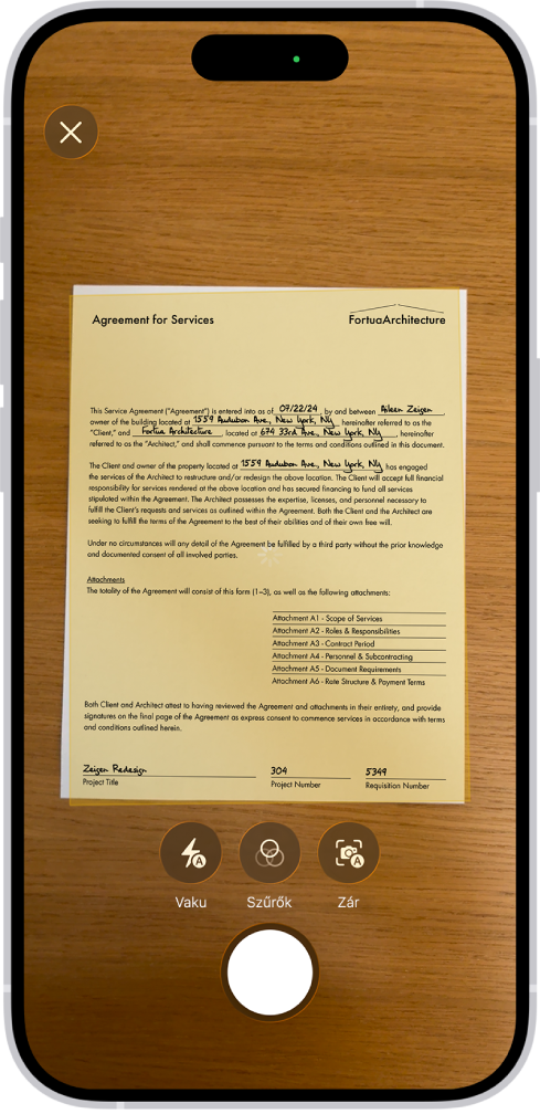 Szkennelés alatt álló dokumentumot megjelenítő képernyő. A Kép készítése gomb alul középen található.