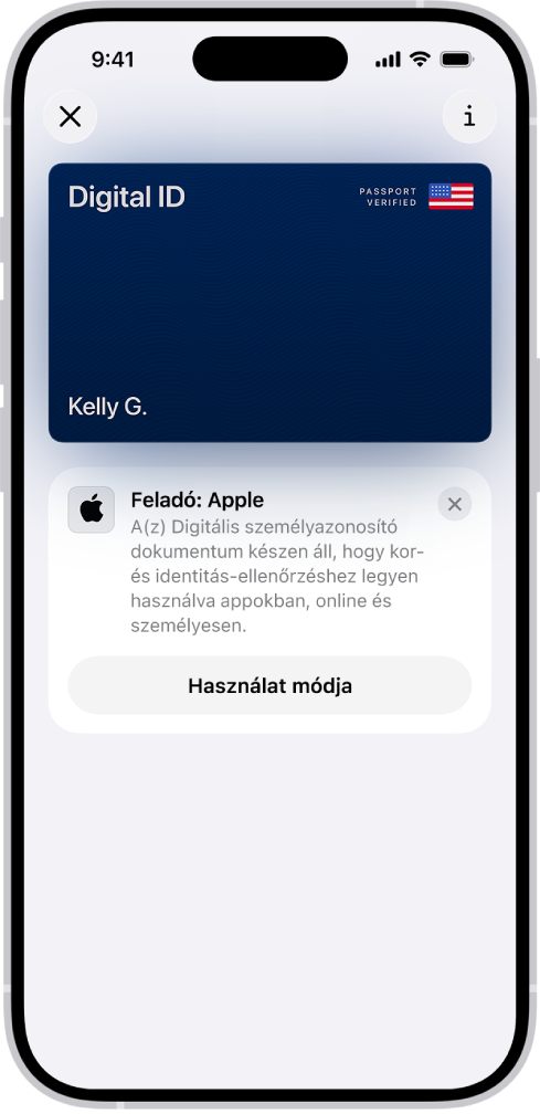 Egy digitális személyazonosító okmány a Tárca appban.