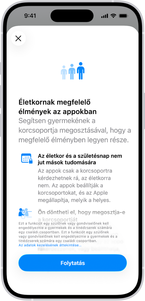 Az Életkornak megfelelő élmények az appokban funkciók regisztrációs képernyője.