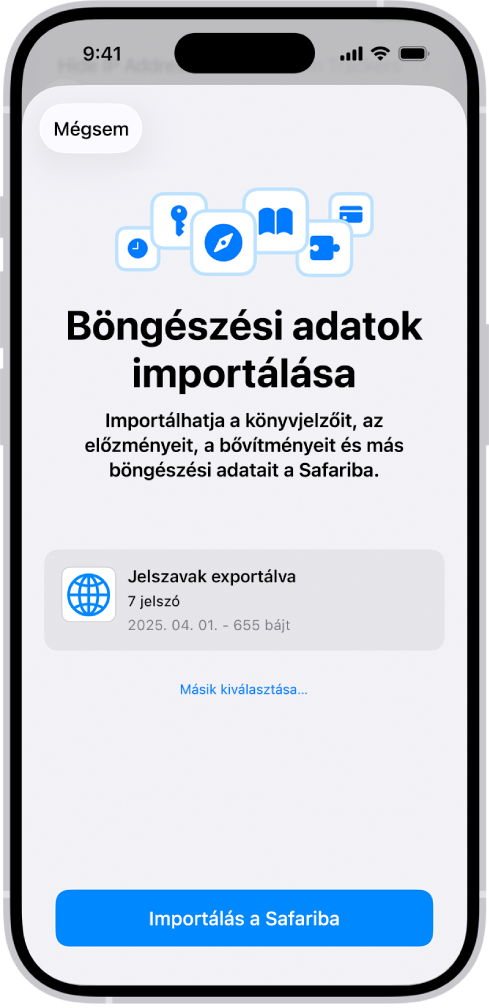 A Böngészési adatok importálása képernyő, amelyen az importálandó jelszavakat tartalmazó CSV-fájl látható egy másik jelszókezelőből.