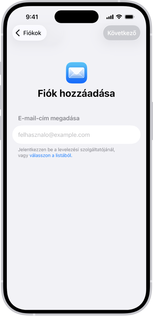 A Fiók hozzáadása képernyő az e-mail-cím megadására szolgáló mezővel.