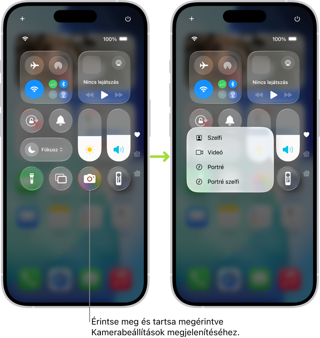 A Vezérlőközpont két képernyője egymás mellett – a bal oldali képernyőn vezérlők láthatók a Repülőgép módhoz, a mobiladat-forgalomhoz, a Wi-Fi-hez és a Bluetooth funkcióhoz a bal felső csoportban. A Kamera ikon a jobb alsó részen látható. A jobb oldali képernyőn további opciók láthatók a Kamerához használható Gyorsműveletek menüben. Ezek az opciók a következők: Szelfi, Videó, Portré és Portré szelfi.