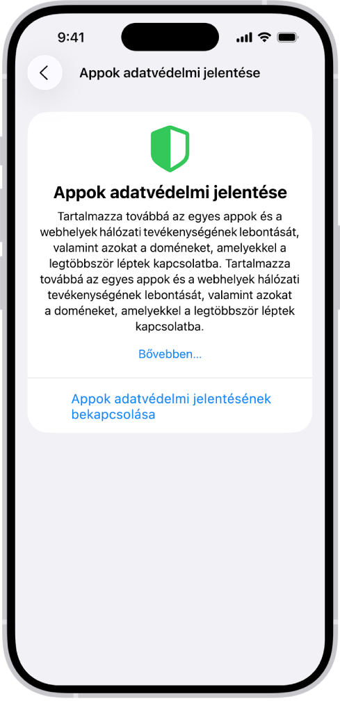 Egy app adatvédelmi jelentése, amely információkat jelenít meg öt appról az Adat- és érzékelő-hozzáférések kategóriában, továbbá appokról az Appok hálózati tevékenysége kategóriában.