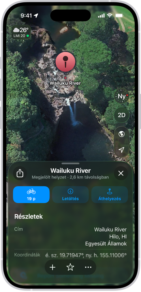 Leszúrt gombostű egy térképen egy parkban. Alatta gombok láthatók, amelyekkel útvonalterveket jeleníthet meg a gombostűhöz, letöltheti a környező területet, vagy áthelyezheti a gombostűt.
