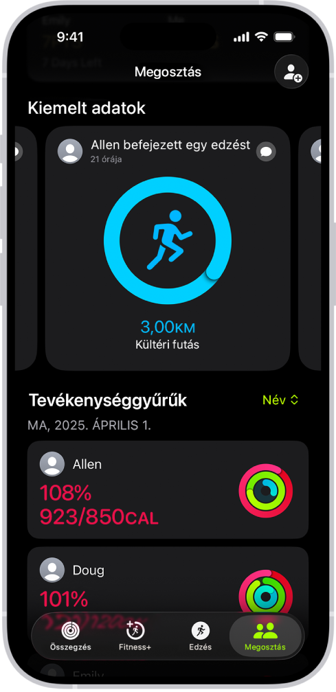A megosztási képernyő a Fitnesz appban a tevékenységgyűrűkkel és azokkal a tevékenység-kiemelésekkel, amelyek meg vannak osztva egy személy és a barátai között.
