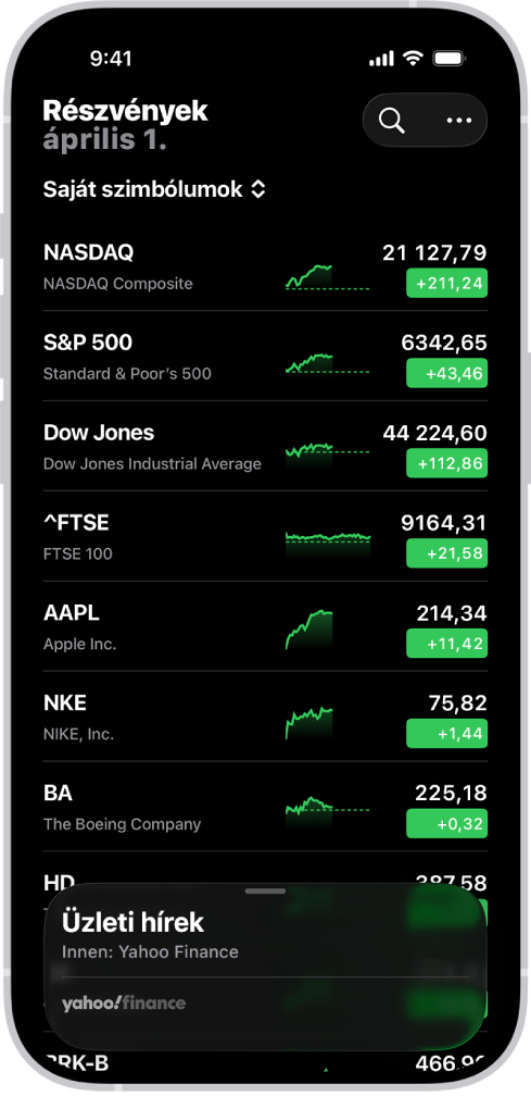Figyelési lista a Részvények appban különféle részvényekkel. A listán lévő egyes részvények mellett (balról jobbra haladva) a tőzsdei szimbólum és név, egy teljesítménydiagram, a részvényár és az ár változása látható. A Keresés gomb a képernyő jobb felső részén található. A képernyő alján az Üzleti hírek jelenik meg.