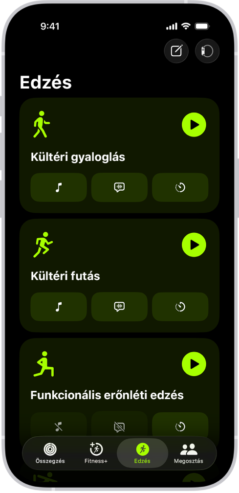 Az Edzés képernyő a Fitnesz appban, amelyen három edzés látható.