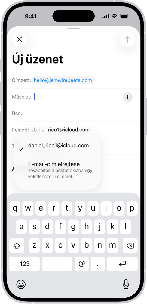 Egy vázlatos e-mail-üzenet. A Küldő mező kijelölve látható, alatta pedig két lehetőség jelenik meg: egy személyes e-mail-cím és az E-mail-cím elrejtése opció.