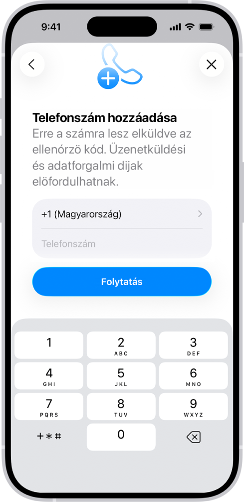 A Telefonszám hozzáadása képernyő a Beállításokban.