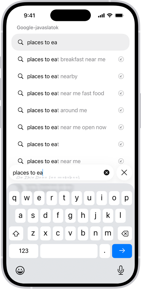 A Safari keresési képernyője, alul a képernyő-billentyűzettel. A billentyűzet felett található keresőmezőben szöveg látható, felette pedig a kapcsolódó keresési javaslatok.
