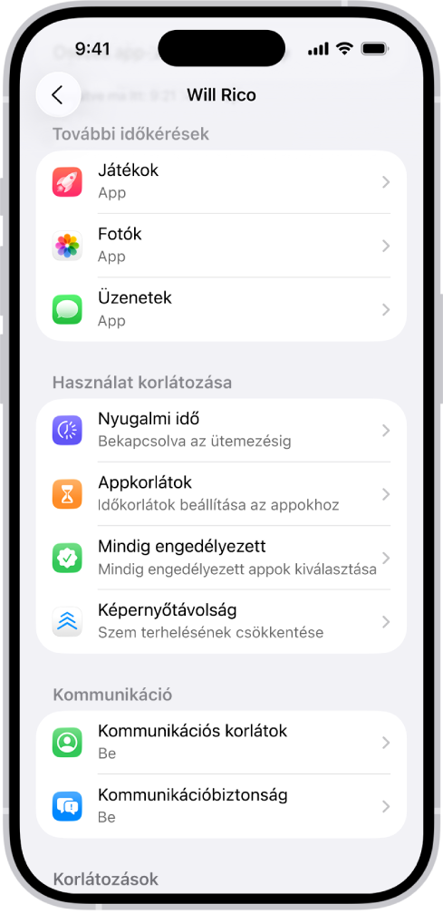 Egy családi megosztási csoport egyik gyermekének a képernyője További időkérések szakasszal.