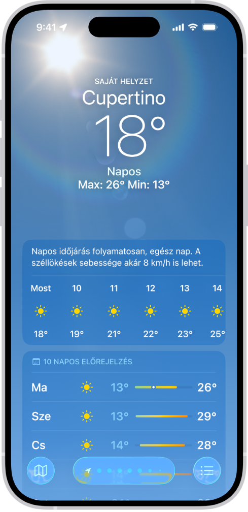 Az Időjárás app a következőket jeleníti meg fentről lefelé haladva: helyzet, aktuális hőmérséklet, a nap legmagasabb és legalacsonyabb hőmérséklete, óránkénti előrejelzés és egy tíznapos előrejelzés első napjai. Alul középen egy pontokból álló sor mutatja, hogy hány hely lett hozzáadva a helyek listájához. A jobb alsó sarokban található a Helyek listája, illetve a bal alsó sarokban látható a Térkép megjelenítése gomb.