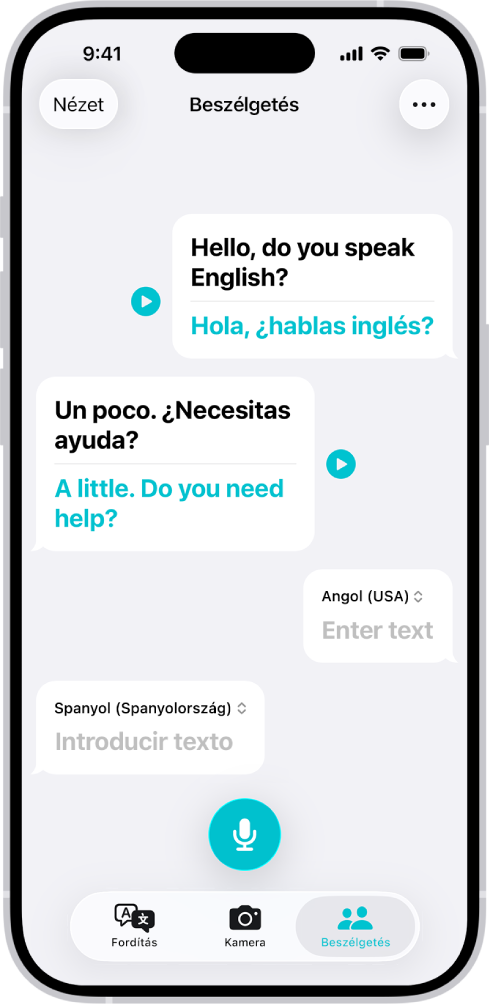 A Beszélgetés lap csevegésdiagramokkal és azok fordításával.