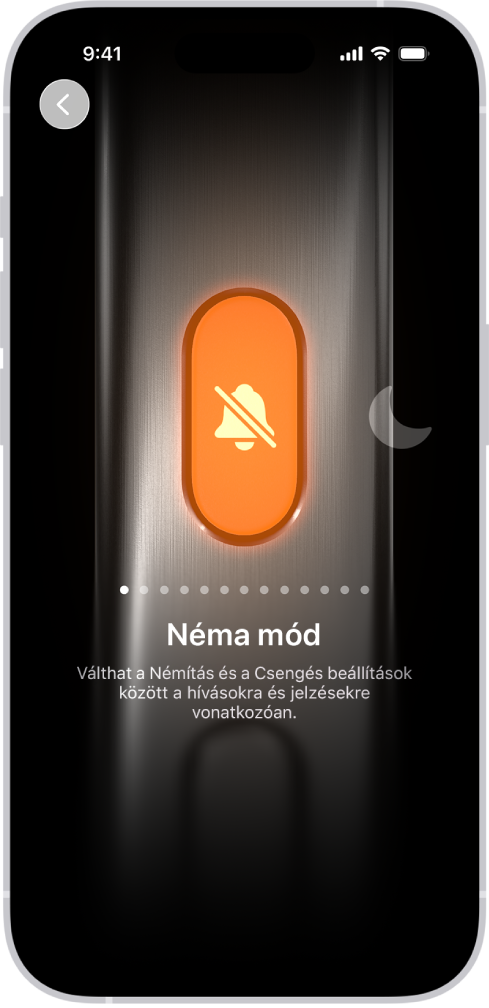 A Művelet gomb testreszabásának képernyője. A kiválasztott művelet a Kamera használata. A kamera bal és jobb oldalán egyéb funkciók jelennek meg, például a Ne zavarjanak és a Zseblámpa. A műveletek alatt pontok láthatók, amelyekre koppintva átválthat egy másik műveletre. A kijelölt művelet – a Kamera – alatt egy kamerabeállításokat tartalmazó menü jelenik meg. Ha ezekre koppint, hozzárendelheti őket a Művelet gombhoz.