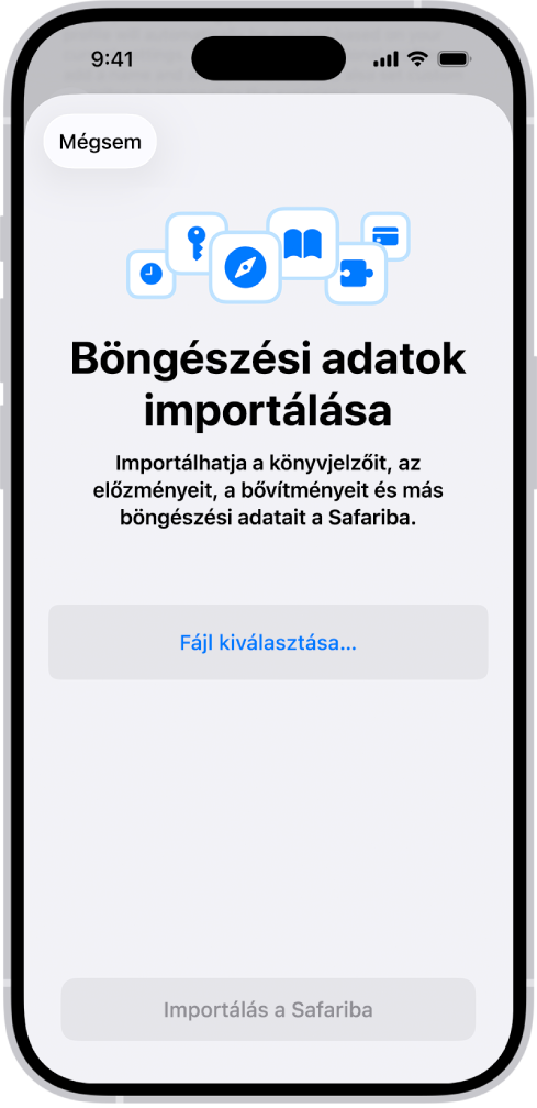 A Böngészési adatok importálása képernyő, amelyen a rendszer az importálni kívánt fájl kiválasztására szólítja fel.