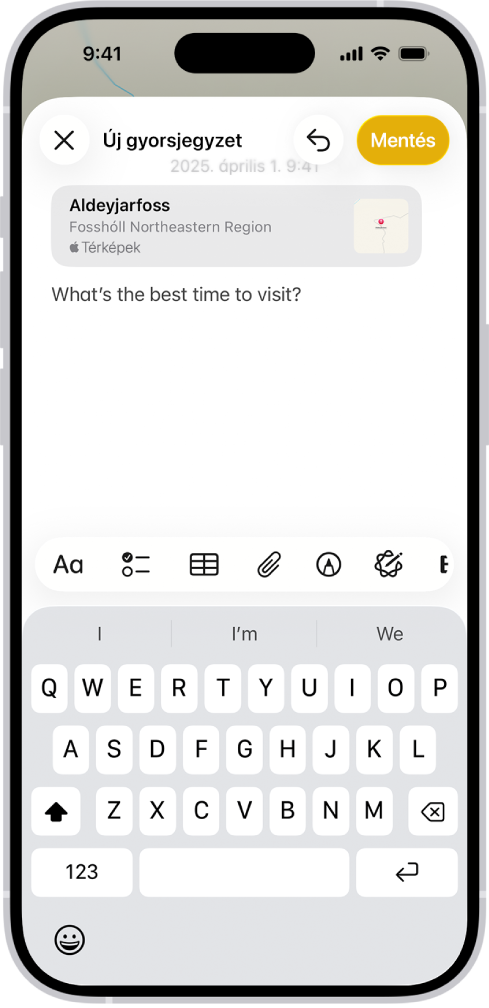 Egy gyorsjegyzet egy ablakrátétben Izland térképe fölött A jegyzetben a térképre mutató link, egy fotó és szöveg található.