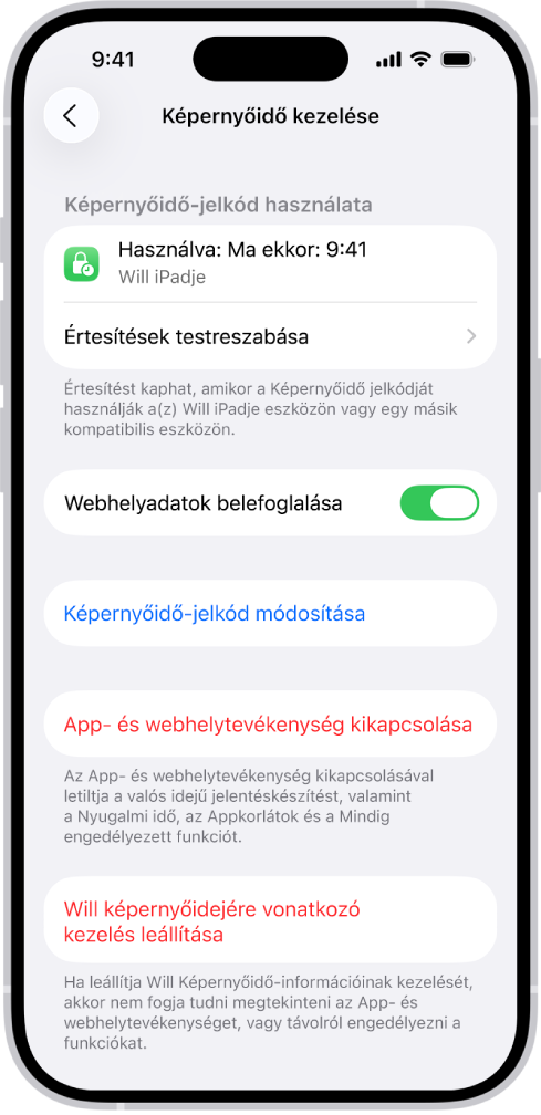 A Képernyőidő kezelése képernyő a család egyik gyermeke számára. A képernyő tetején látható, hogy mikor használták utoljára a jelszót, és melyik eszközön.