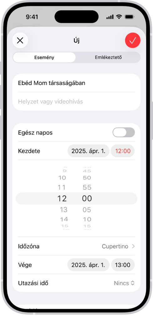 Naptáresemény, amelyen az esemény időpontjának és időzónájának beállításai láthatók.