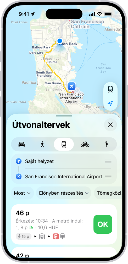 Térkép tömegközlekedési útvonalakkal. Az alul megjelenő útvonalkártya az útvonal részleteit jeleníti meg, többek között a becsült utazási időt és a teljes költséget. Egy Indulás gomb jelenik meg a részletek mellett.