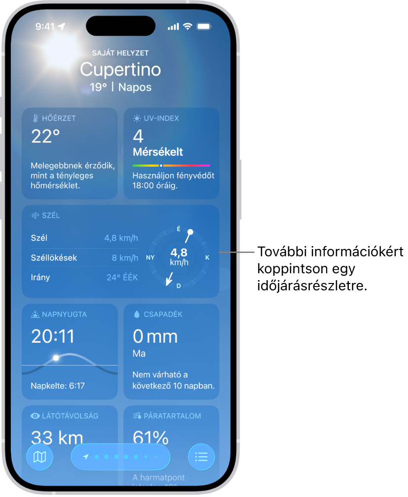 Az Időjárás app, amelynek tetején a helyzet látható, alatta az aktuális hőmérséklet és időjárási körülmény. A képernyő többi része az időjárási részleteket tartalmazza, beleértve az UV-indexet, a szelet és a csapadékot.