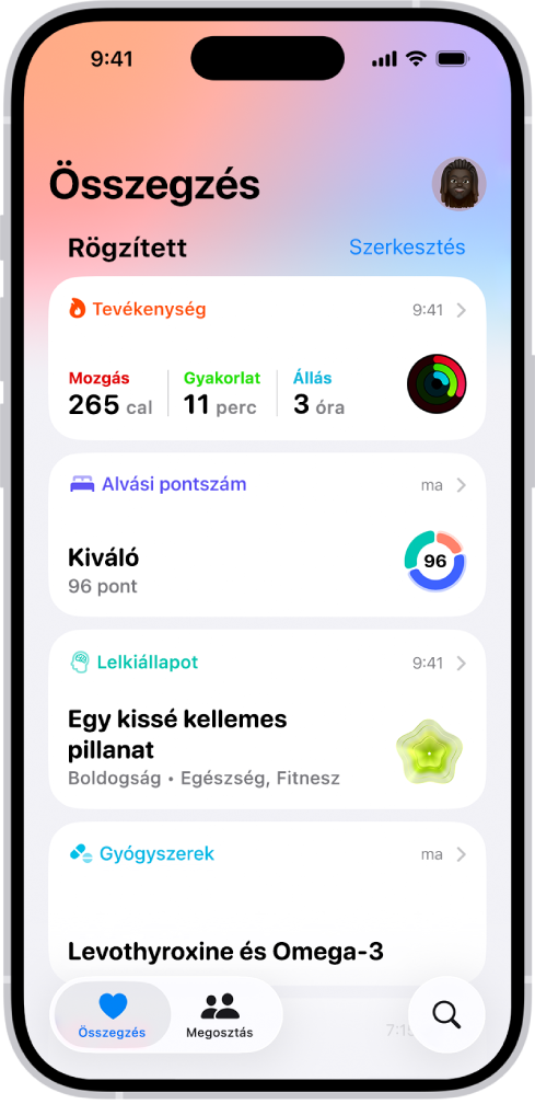 Az Egészség app Összesítés képernyője. A tevékenységekkel, az alvási pontszámmal, a lelkiállapottal és a gyógyszerekkel kapcsolatos információk a Rögzített opció alatt jelennek meg.