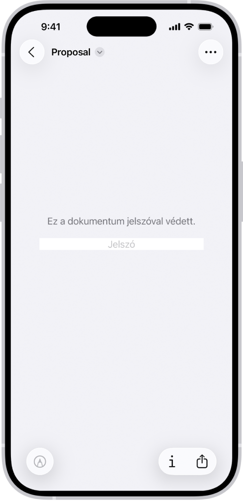 Egy zárolt PDF-űrlap a jelszómezővel. A képernyő alján a Korrektúra, az Infó és a Megosztás gomb látható.