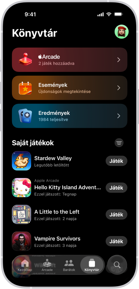 Az Apple Games app, amelyben a Könyvtár lap látható az Apple Arcade, a játékesemények és az elért eredmények szakaszaival, valamint egy görgethető listával, amelyen a legutóbb játszott és letöltött játékok jelennek meg.