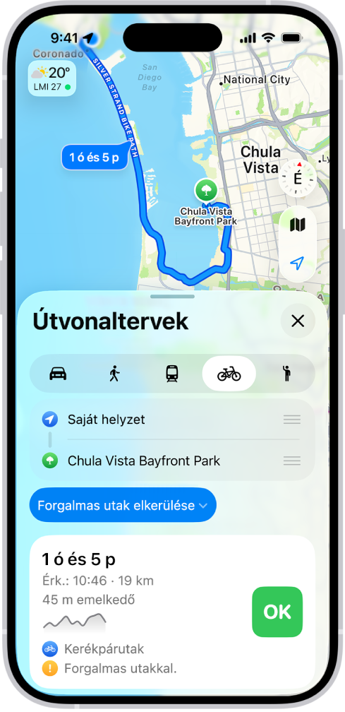 Térkép biciklis útvonallal. Az alul megjelenő útvonalkártya megjeleníti a részleteket, többek között a becsült utazási időt, a szintemelkedés-különbségeket és az úttípusokat. Egy Indulás gomb jelenik meg a részletek mellett.