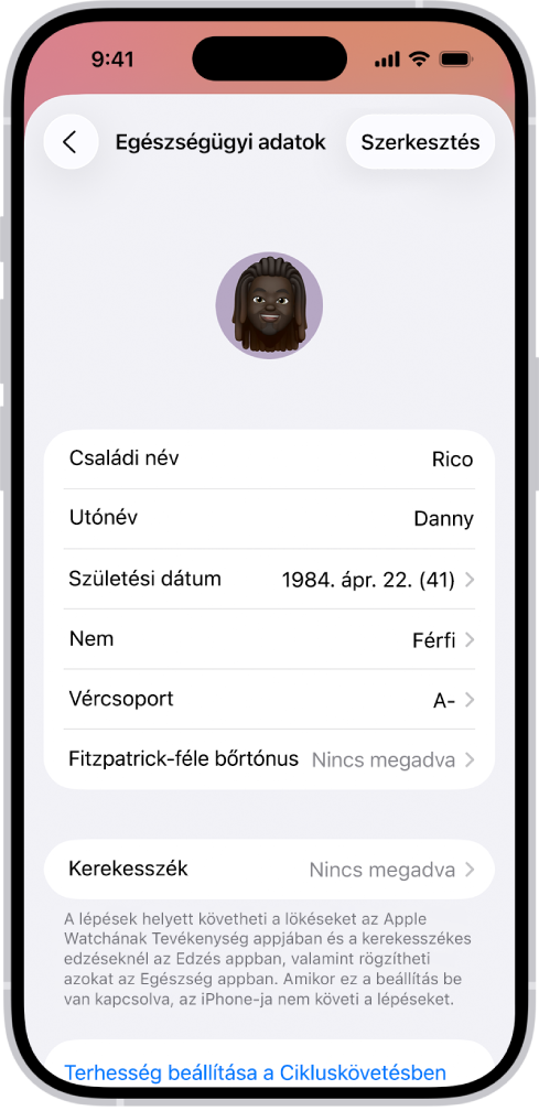 Az Egészségügyi adatok képernyő, amely mezőket tartalmaz a névhez, a születési adathoz, a vércsoporthoz és egyéb információkat.