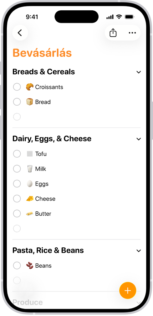 Egy bevásárlólista az Emlékeztetők appban.