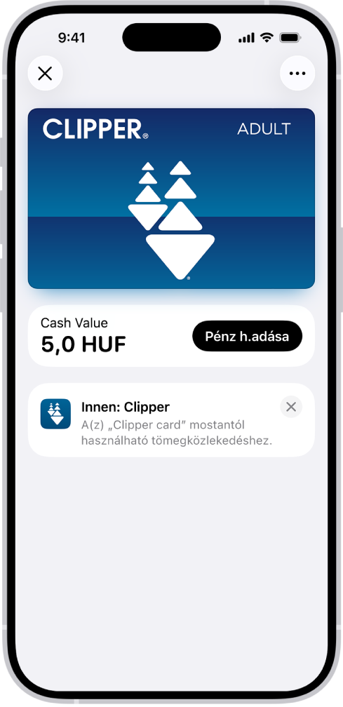 Egy tömegközlekedési kártya a Tárca appban. A kártya alatt és a Pénz hozzáadása gomb mellett az egyenleg látható.