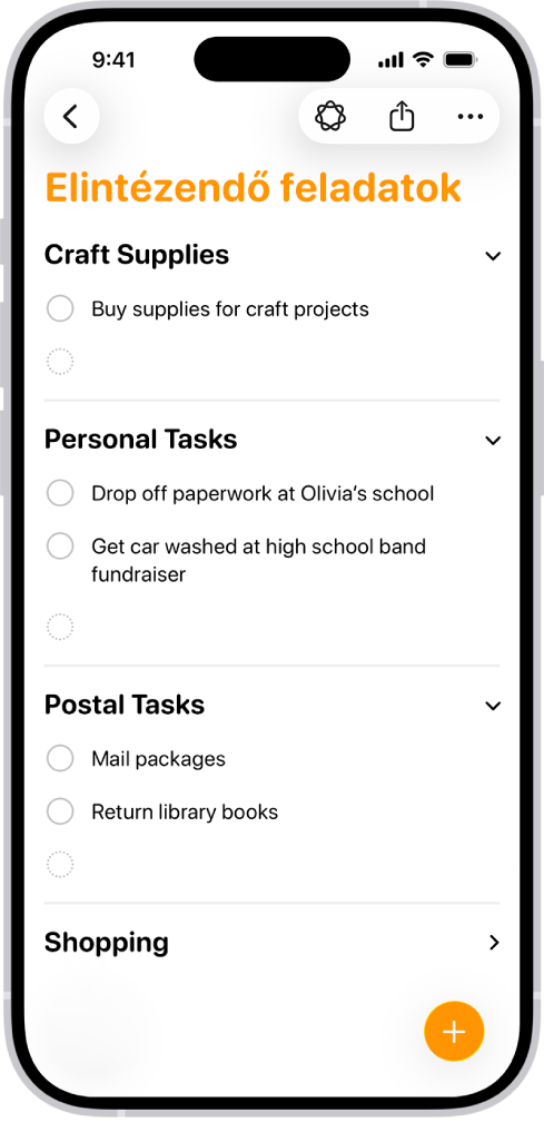 Egy lista az Emlékeztetők appban, amelyen az emlékeztetők automatikusan szakaszokba vannak kategorizálva.